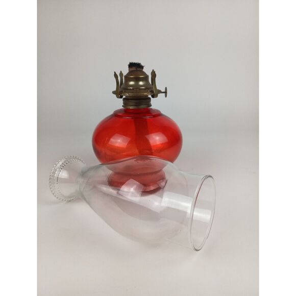 Unique Vintage Candy Red Oil Lamp With Clear Glass Chimney Fully Functional - Picture 7 of 9
